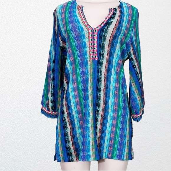 Embroidered Knit Stretch Hippie Beach Vacay Boho Festival Tunic Blue Multi - Picture 2 of 10